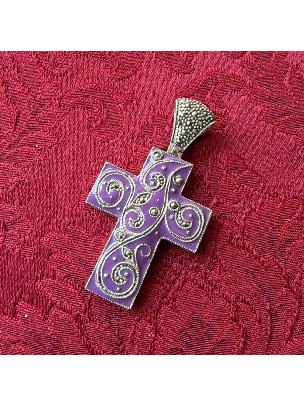 Vintage 925 Sterling Silver Purple Enamel Marcasite Filigree Cross Pendant y2k